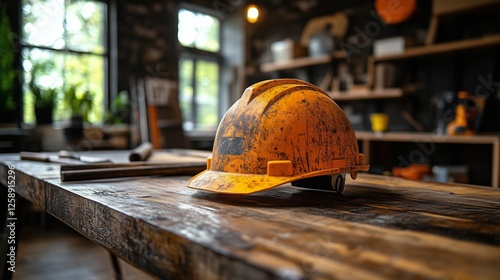 Yellow construction helmet on wooden table in workshop with natural light str...