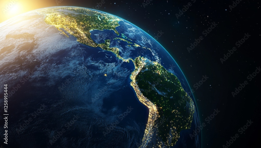 Fototapeta premium Sunrise Earth, space, night lights, America, global, background, planet, illustration, environmental, education