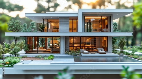 Modern architectural design of a luxury home with large windows and garden du...