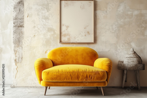 Vibrant yellow velvet loveseat sofa against beige stucco wall with art poster frame. Rustic interior design of modern living room. photo