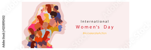 Happy Women's day. Woman silhouette head isolated. March 8, International Women's day card with women. Flat design. The power is in women.