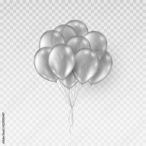 Silver balloon bunch isolated on transparent background. Vector realistic golden gray festive 3d helium ballons template for anniversary, birthday party design