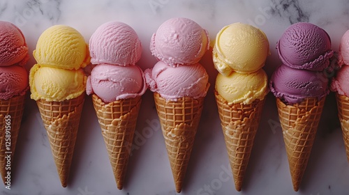 Colorful ice cream cones arranged neatly on a marble surface at a dessert shop