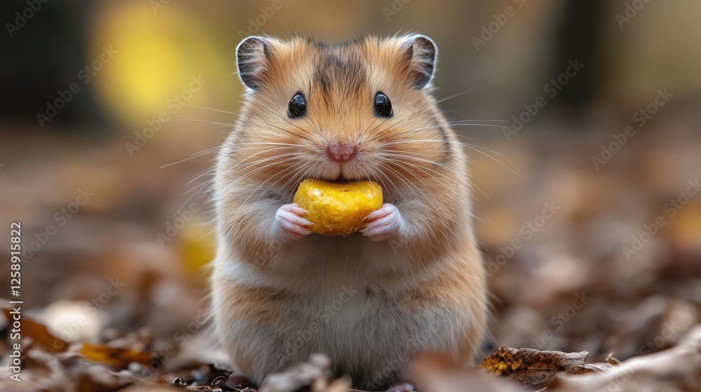 Cute hamster holds a snack among autumn leaves in a forest setting Cute hamster holds a snack among autumn leaves in a forest setting