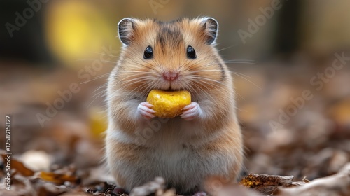 Cute hamster holds a snack among autumn leaves in a forest setting