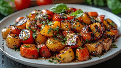 Grilled vegetables with fresh herbs and spices on a plate