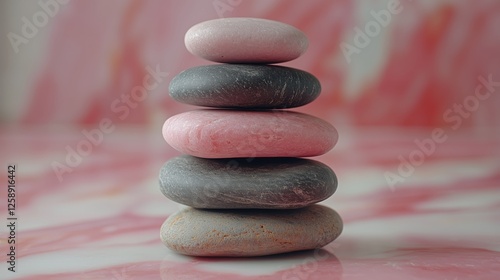 Stacked pebbles resting on a smooth surface with a pink marbled background in...
