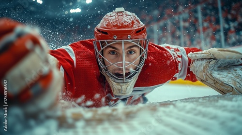 Goaltender diving for puck during intense hockey match in indoor arena