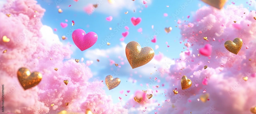 Heart shapes in pink and gold hovering over a soft pink background, enhancing love-themed events and Valentine's messages Heart shapes in pink and gold hovering over a soft pink background, enhancing love-themed events and Valentine's messages