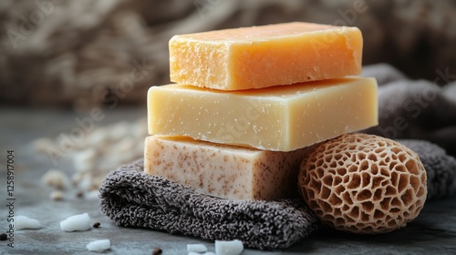 Natural handmade soap bars stacked with a loofah and washcloth on a textured ...