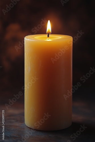 Flickering yellow candle emits warm light in dark setting perfect for relaxat...