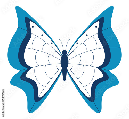 Blue and white abstract butterfly. Colorful butterfly with pattern on wings. Exotic flying insect. Elegant moth. Flat vector illustration isolated on white background.