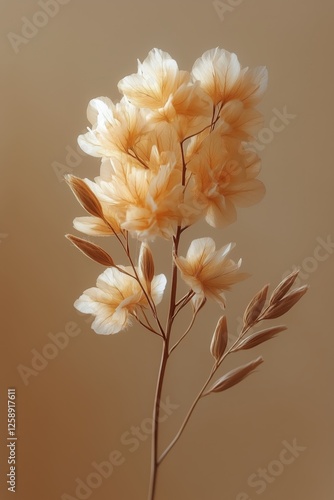 Soft orange flowers gracefully arranged against a neutral background in a ser...