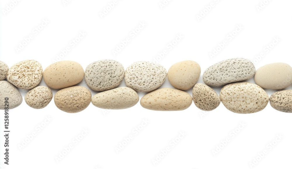 Row Of Beige Cream And White Pebbles On White Background Row Of Beige Cream And White Pebbles On White Background