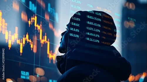 Man Looking At Night City Stock Market Data Display