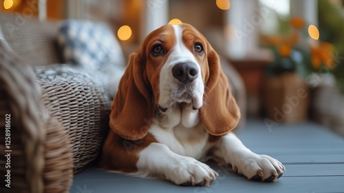 Beagle resting comfortably on a cozy porch with flowers in the background dur...