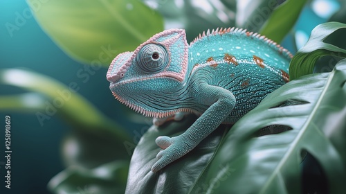 Chameleon resting on large green leaves in a vibrant tropical environment