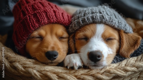 Two puppies wearing cozy hats sleeping peacefully in a warm basket