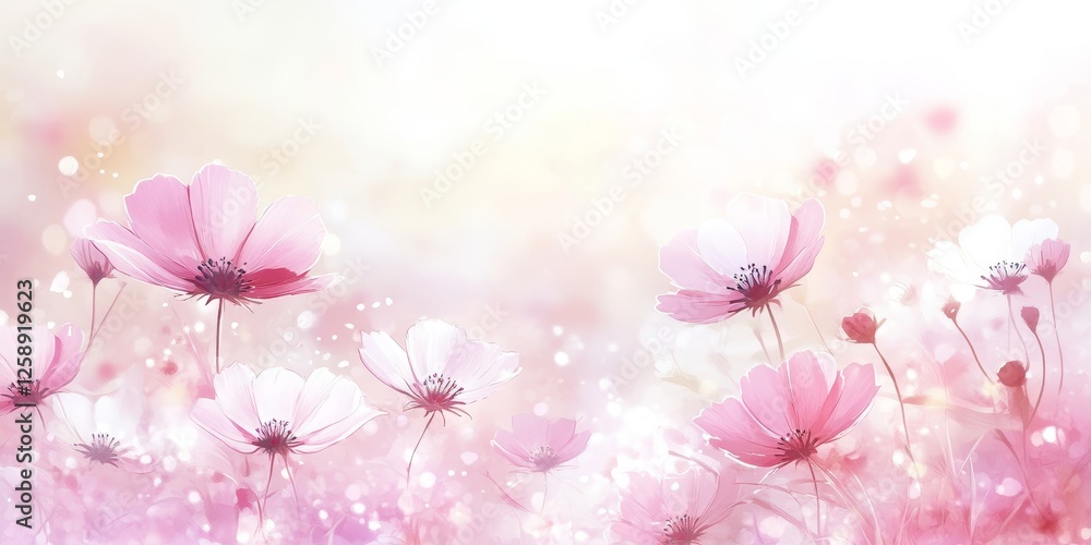 Dreamy Delicate Cosmos Flowers, Detailed Hand-Painted Watercolour Illustration, Pastel Background Dreamy Delicate Cosmos Flowers, Detailed Hand-Painted Watercolour Illustration, Pastel Background