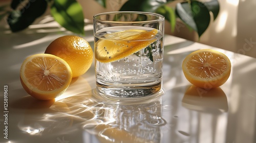 Freshly made lemonade with lemon slices on a sunny table in a cozy kitchen se...