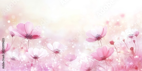 Dreamy Delicate Cosmos Flowers, Detailed Hand-Painted Watercolour Illustration, Pastel Background
