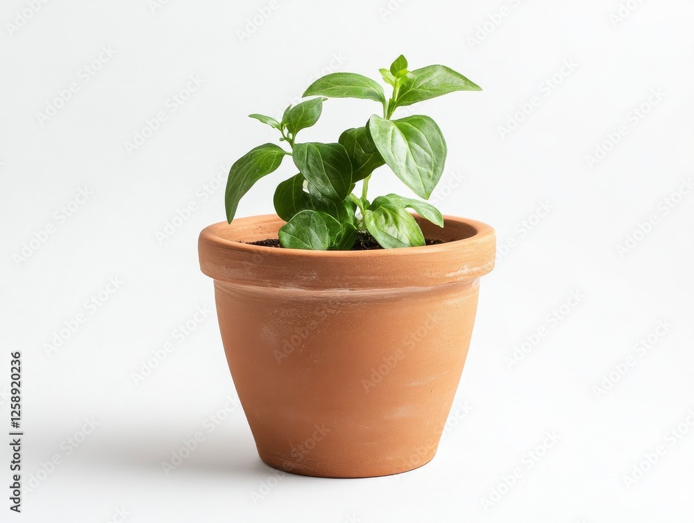 Fototapeta premium Small Terracotta Potted Plant With Green Leaves On White Background