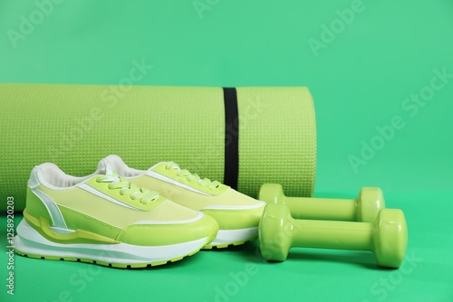 Fitness mat, sneakers and dumbbells on green background, closeup. Sports equipment photo