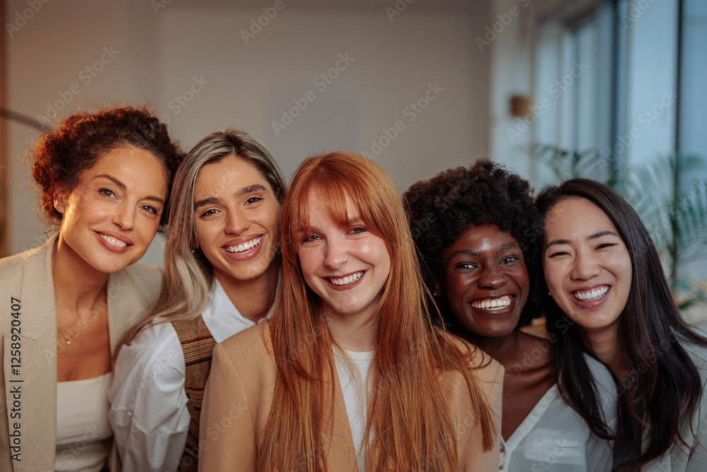 Fototapeta premium Five happy businesswomen in their office