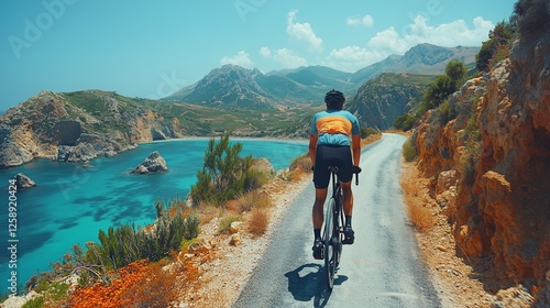 Cycling along a coastal road with stunning views of the sea and mountains in ...