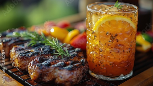 Grilled meat with colorful vegetables and a refreshing drink during a summer ...