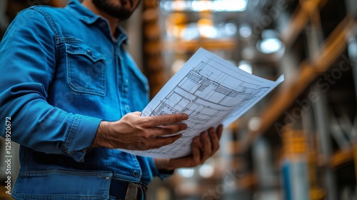 Construction worker studying architectural plans in a warehouse on a busy pro...
