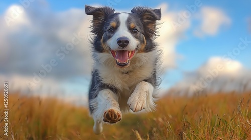 Happy dog leaps joyfully in a sunny meadow under a blue sky during late after...