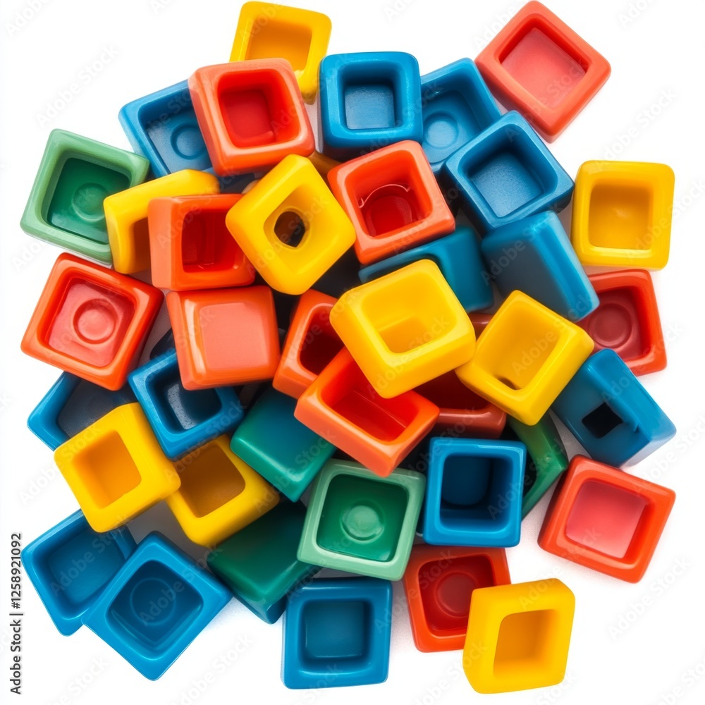 Colorful plastic square blocks, piled high, on white background, for educational toys or games Colorful plastic square blocks, piled high, on white background, for educational toys or games