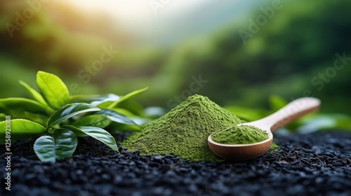 Green tea powder and fresh leaves on dark soil under natural sunlight in a se...