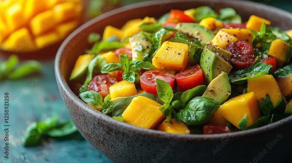 Fresh mango avocado salad with cherry tomatoes and basil in a rustic bowl Fresh mango avocado salad with cherry tomatoes and basil in a rustic bowl