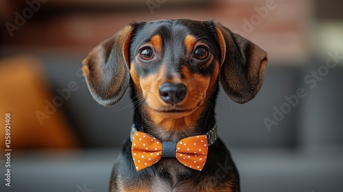 Dog wearing an orange bow tie sits confidently indoors with a cozy background