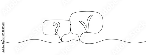 Question mark and check marks in speech bubbles in one continuous line. Survey game concept, cancel icons, or clarification, confirmation question in simple linear style. Vector editable illustration