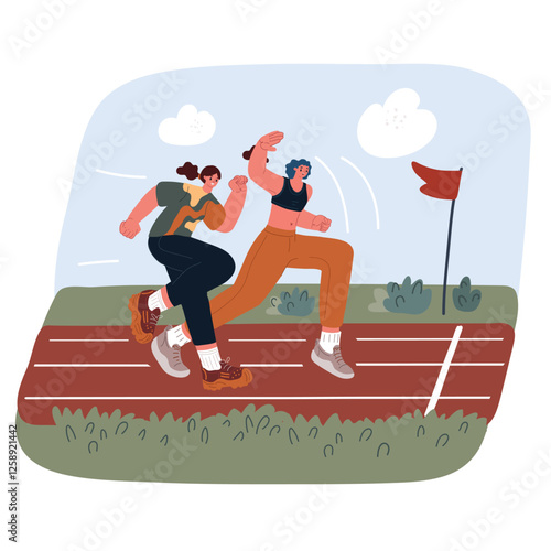 Cartoon vector illustration of two women racing each other on a stadium track, symbolizing competition and determination