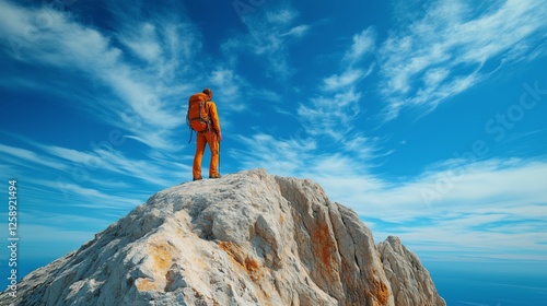 Hiker stands on a mountain peak under a blue sky with white clouds in a remot...