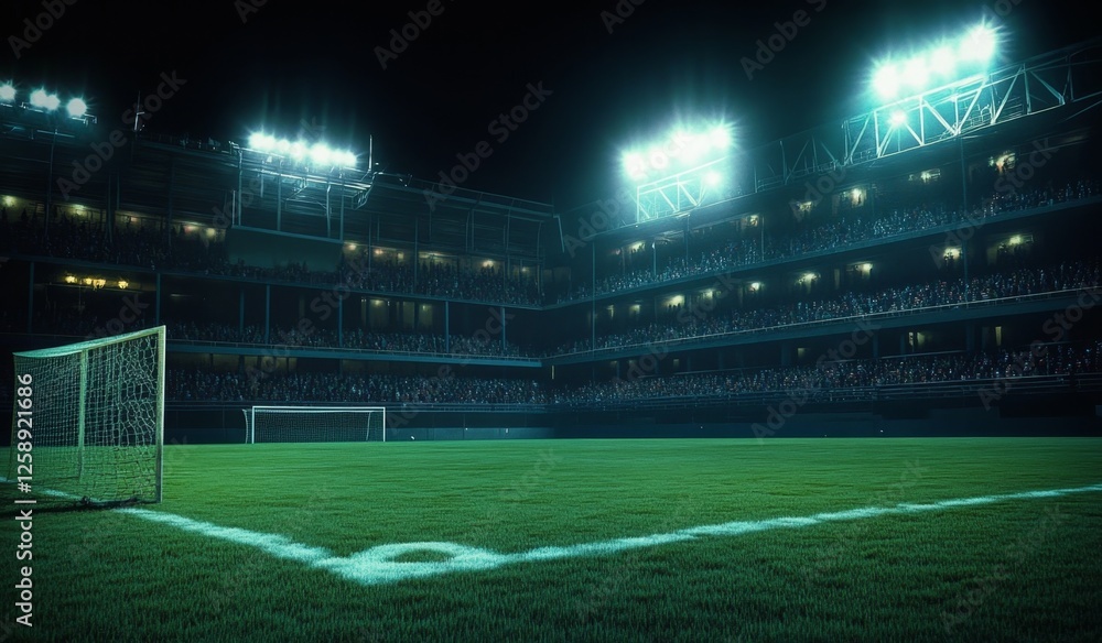 Fototapeta premium Night stadium soccer field, goal, crowd, lights, game