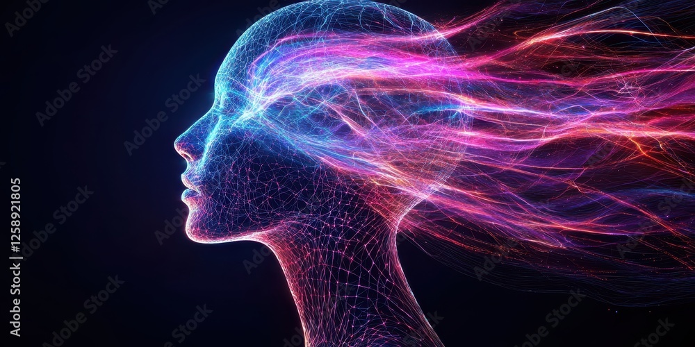 AI neural network development. Digital artwork of a glowing head with flowing light trails on a dark background. AI neural network development. Digital artwork of a glowing head with flowing light trails on a dark background.