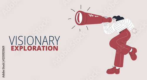 Cartoon vector illustration of a woman running with a spyglass, symbolizing exploration, adventure, and the pursuit of new opportunities