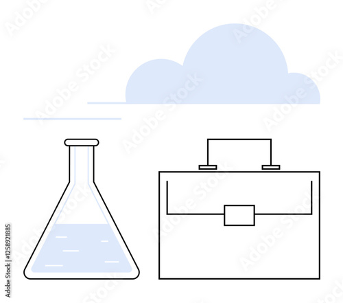 Laboratory flask, briefcase, blue cloud silhouette creating science-business synergy. Ideal for innovation, research, technology, business management, strategy, collaboration and future aspirations