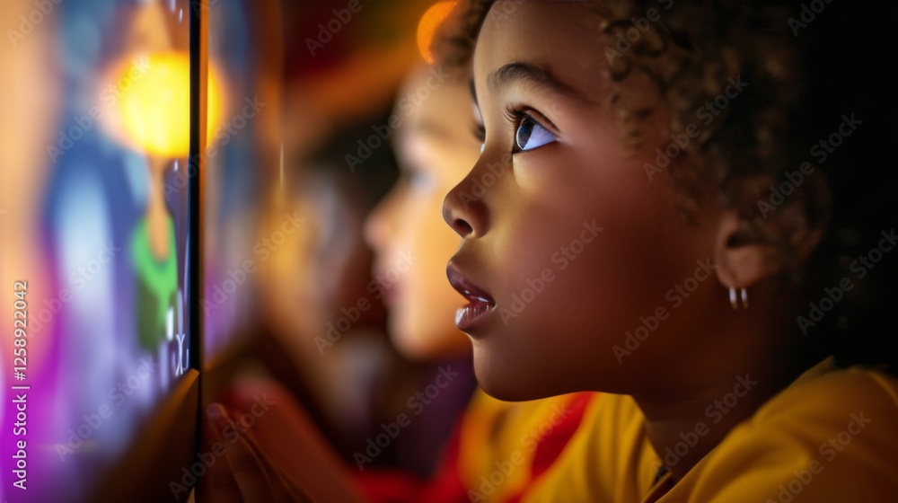 Obraz premium A diverse group of children gather, intensely watching a vibrant digital display, reflecting immersive technology and curiosity. AI generated.
