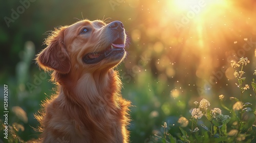 Golden retriever enjoying sunset in a flower-filled garden