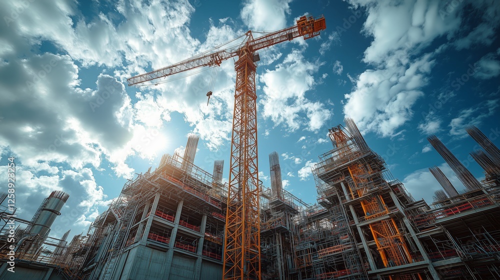 Construction site with a tall crane under blue sky and clouds in a urban setting during daylight