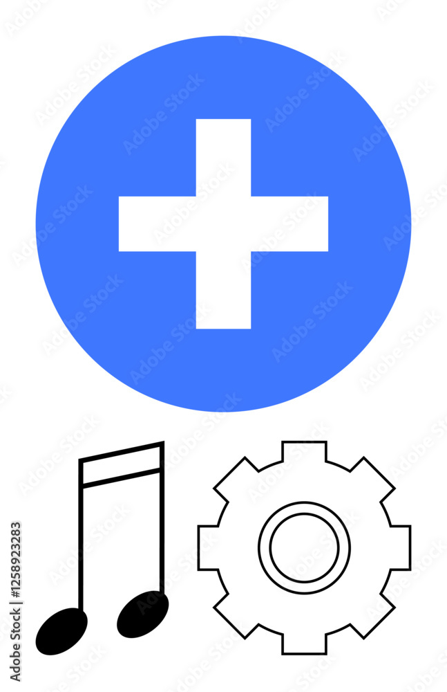 Fototapeta premium Blue circle with a white plus sign, black musical note, and gear outline. Ideal for teamwork, creativity, technology, innovation, music production, collaboration problem-solving abstract line flat