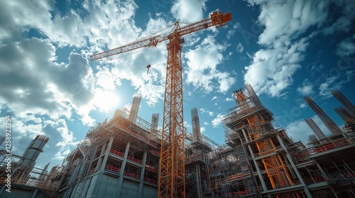 Construction site with a tall crane under blue sky and clouds in a urban sett...