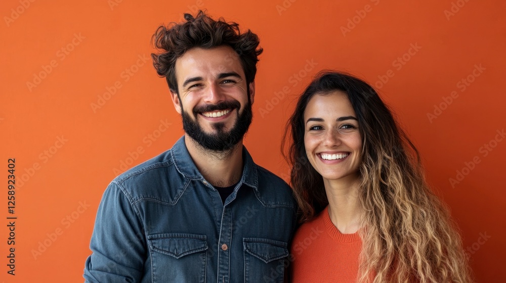 Smiling couple portrait, man and woman, love, happiness, on orange background. Smiling couple portrait, man and woman, love, happiness, on orange background.