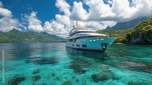 Luxury yacht anchored in crystal clear waters near lush mountains under a bri...